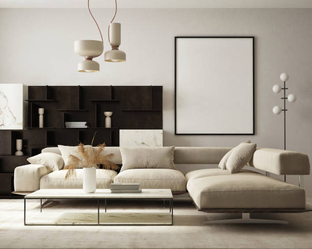 mock up poster frame in modern interior background, living room, Scandinavian style, 3D render, 3D illustration