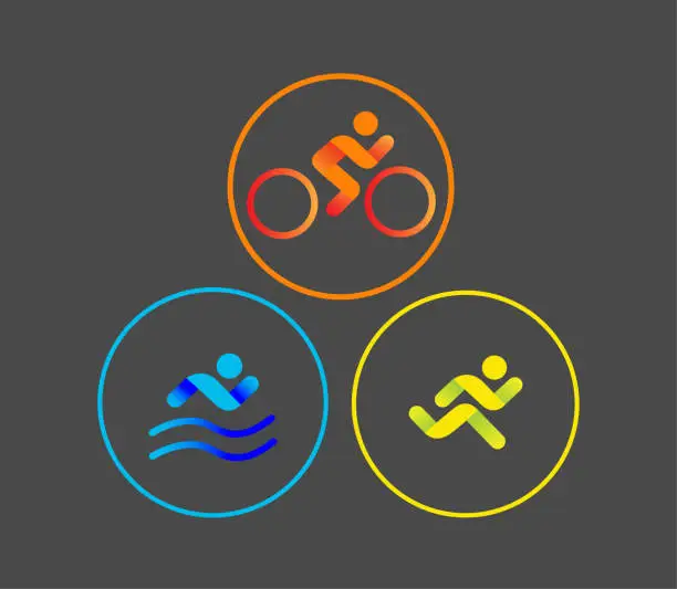 Vector illustration of Banner on the theme of sport, triathlon. Silhouettes of athletes, swimmer, cyclist, runner.