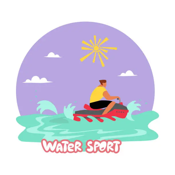 Vector illustration of Sports on the water, a man rides a jet ski on the sea, ocean. The sun is shining, waves on the water. Vector flat illustration