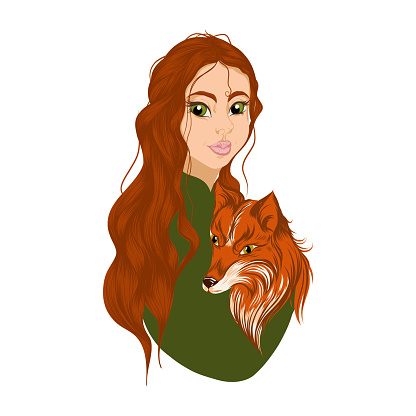 girl with a fox. vector illustration isolated on white background
