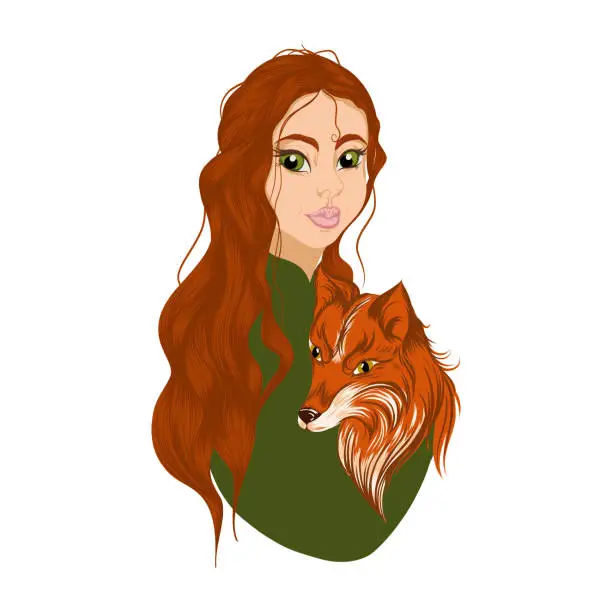 Vector illustration of girl with a fox