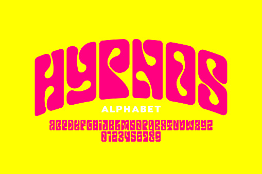 Psychedelic, hypnosis style font design, 1960s alphabet letters and numbers vector illustration