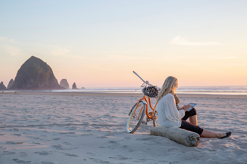 Beside bicycle. Cannon Beach, Oregon