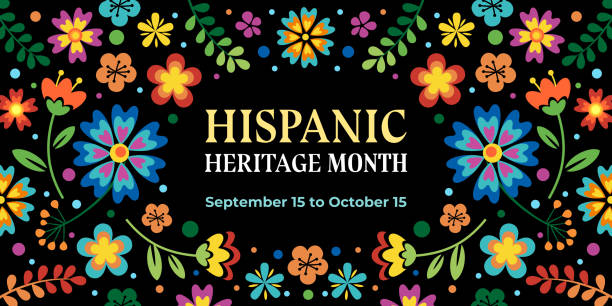Hispanic heritage month. Vector web banner, poster, card for social media, networks. Greeting with national Hispanic heritage month text, flowers on floral pattern background Hispanic heritage month. Vector web banner, poster, card for social media, networks. Greeting with national Hispanic heritage month text, flowers on floral pattern background. national hispanic heritage month illustrations stock illustrations