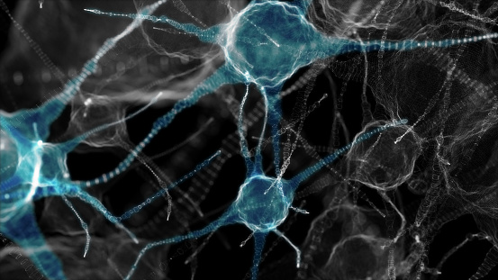 Neuronal network of neuron cells. 3D illustration. Neuroscience and technology concept