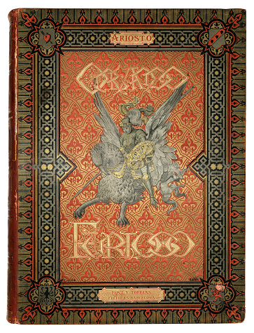 Illustrated ornate book cover for Orlando Furioso, an Italian epic poem by Ludovico Ariosto, illustrated by Gustave Dore