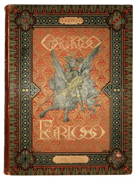 Illustrated ornate book cover for Orlando Furioso, an Italian epic poem by Ludovico Ariosto, illustrated by Gustave Dore