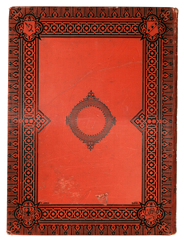 Vintage ornate book cover, ornate black border on red