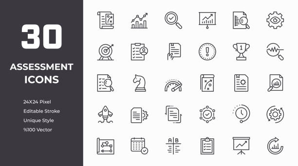 Assessment Line Icon Set Assessment Editable Stroke, Pixel Perfect, Customizable Colors, 100% Vector Line Icons impact stock illustrations