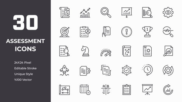 Assessment Line Icon Set Assessment Editable Stroke, Pixel Perfect, Customizable Colors, 100% Vector Line Icons educational test results stock illustrations
