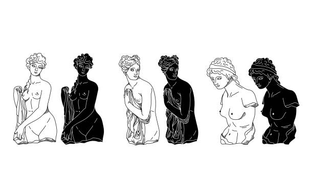 ilustraciones, imágenes clip art, dibujos animados e iconos de stock de elegantes estatuas griegas antiguas de una diosa y una ninfa, esculturas vectoriales de color blanco negro en línea y silueta sólida de figuras femeninas, cuerpos de mujeres dibujados a mano imágenes prediseñadas aisladas - aphrodite