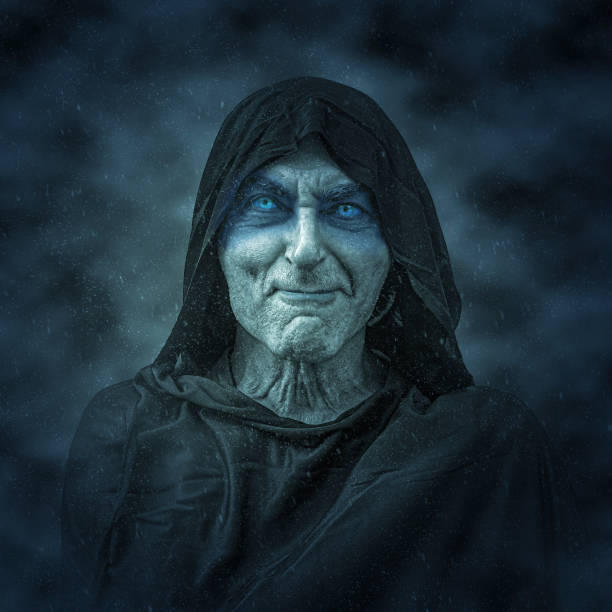 Fantasy character, gloomy old man in black cloak with a hood.