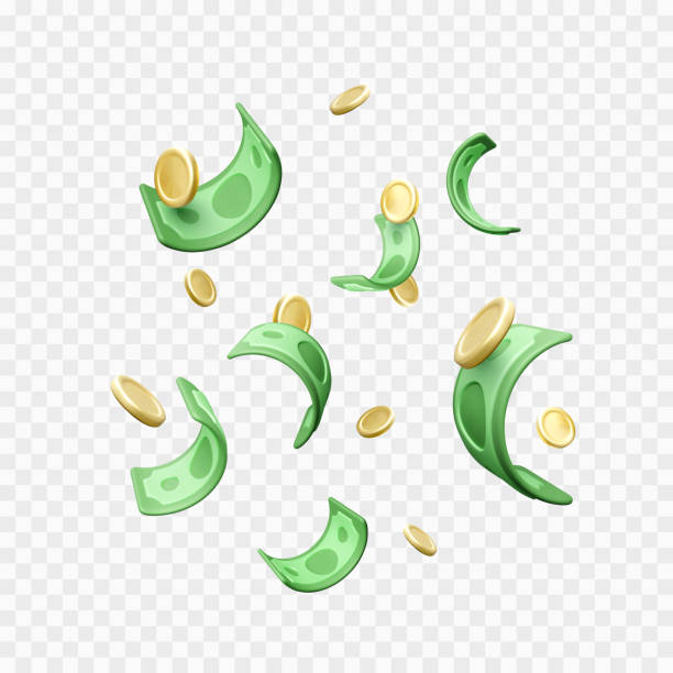 ilustrações de stock, clip art, desenhos animados e ícones de money rain. falling 3d cartoon style paper dollars and gold coins. casino win or business success - moeda