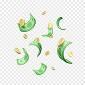 istock Money rain. Falling 3D cartoon style paper dollars and gold coins. Casino win or business success 1398053028
