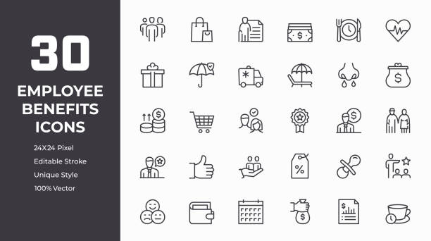Employee Benefits Line Icon Set Employee Benefits Editable Stroke, Pixel Perfect, Customizable Colors, 100% Vector Line Icons benefits stock illustrations