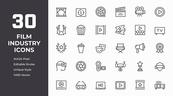 Film Industry Editable Stroke, Pixel Perfect, Customizable Colors, 100% Vector Line Icons