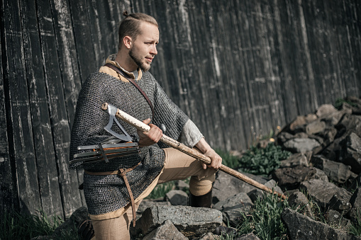 Armed viking warrior guard at the gates