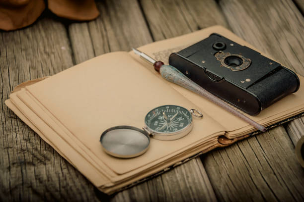 istock vintage travel memories concept. Old camera, binoculars, letters and map-holder with map. copy space. 1398054225