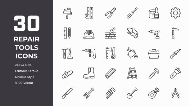 ilustraciones, imágenes clip art, dibujos animados e iconos de stock de conjunto de iconos de línea de herramientas de reparación - wrench ruler screwdriver hammer
