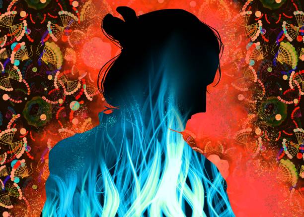 istock Black-and-white paper cutout-style illustration of a sorrowful young Edo period samurai in profile with flame textures. 1398054382