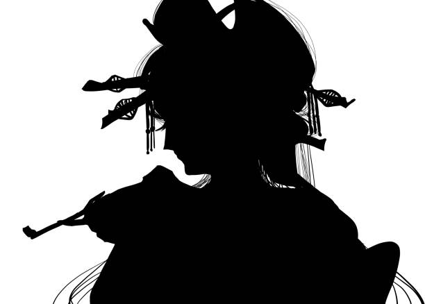 monochromatyczna ilustracja w stylu clipart przedstawiająca prostytutkę oiran z kanzashi (spinką do włosów) w fajkę. - hair clip stock illustrations