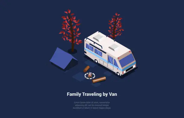 Vector illustration of Concept Of Adventures, Hiking, Family Traveling And Summer Vacations. Camper Van In Forest With Cosy Campfire And Tent. Perfect Place To Rest And Recreation. Isometric 3d Cartoon Vector Illustration