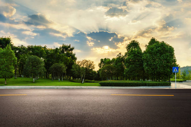 carretera de asfalto vacía cerca del parque con sol explosivo en el cielo durante el amanecer. - calle fotografías e imágenes de stock