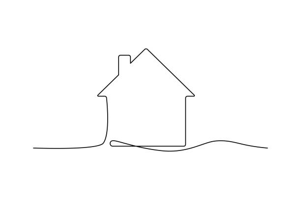 Continuous Thin Line Home Icon Continuous thin line home vector illustration, minimalist house icon. One line art cottage building drawing of a house line stock illustrations