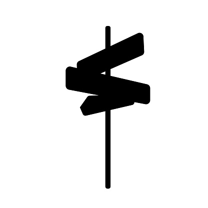 Road direction sign. Street pointer icon, crossroad signpost symbol, guide arrow silhouette isolated
