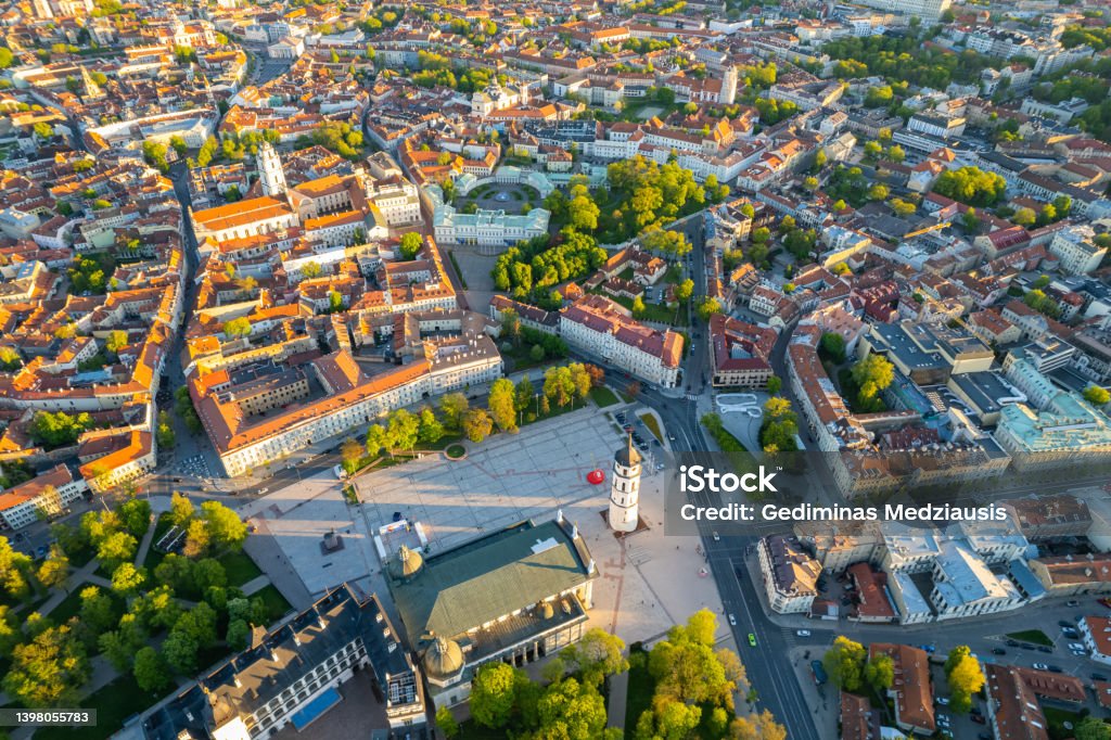 Aerial spring evening view in sunny Vilnius old town Vilnius Stock Photo