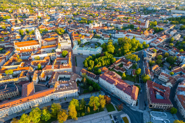 istock Aerial spring evening view in sunny Vilnius old town 1398055784