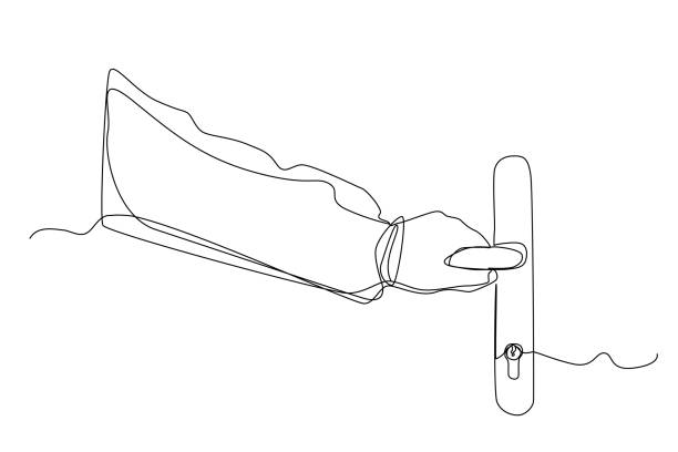 Hand Door Handle Line drawing hand hold door handle. Single draw doorknob holding, line art, continuous monoline drawing, linear vector illustration ajar stock illustrations