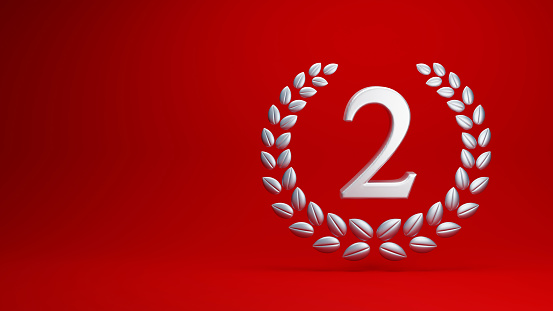 Silver number 2 and laurel on a red background.3D Rendering.