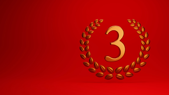 Copper number 3 and laurel on a red background.3D Rendering.