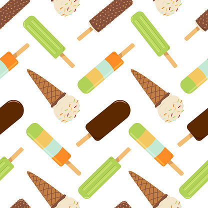 A set of different kinds of ice cream in a seamless pattern. Fruit ice, waffle cone and ice cream on a stick. Vector illustration.