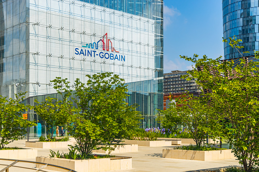 Entrance of Saint-Gobain headquarters building in La Défense, Paris