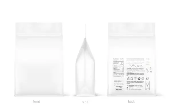 Vector illustration of Realistic food bag with zip lock mockup isolated on white background.