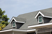 istock Roof shingles with garret house on top of the house. dark asphalt tiles on the roof background on afternoon time. dark asphalt tiles on the roof background 1398061041