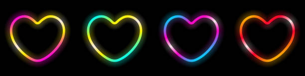 Set glowing heart shape frame love symbol bright multicolor gradient design element dark background vector illustration. Set glowing heart shape frame love symbol bright multicolor gradient design element dark background vector illustration. glow stick stock illustrations