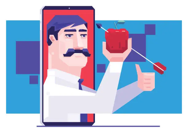 Vector illustration of businessman holding apple and gesturing thumbs up on smartphone