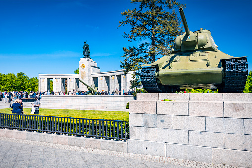 Park Patriot, Moscow region, Russia - May 17, 2021: Zone of military-historical reconstructions of the events of the Second World War in Patriot Park. Soviet tank T-34 in defensive fortifications