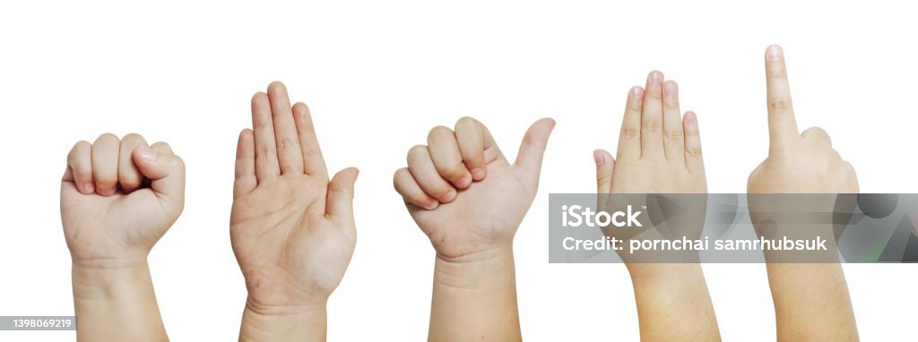 Pictures of Asian children's hands in various gestures isolated on a white background Child Stock Photo
