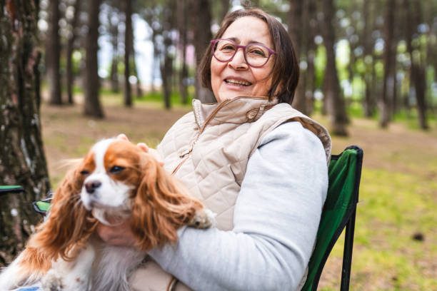 Senior woman drinking tea at picnic and sitting with her dog stock photo