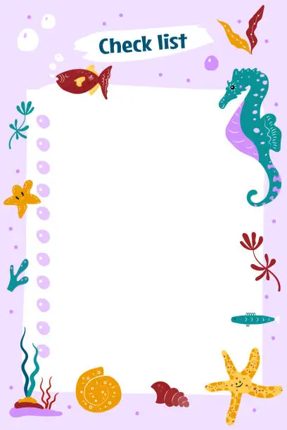 Vector illustration of Cute underwater life To do planner template