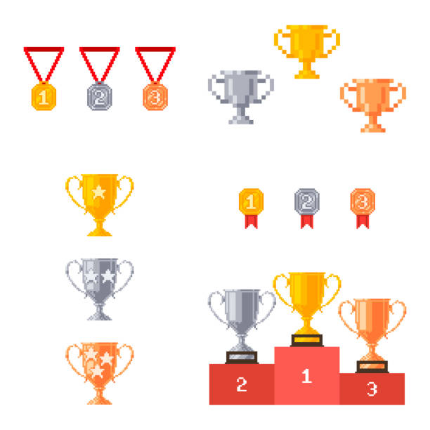 ilustrações, clipart, desenhos animados e ícones de coleção de logotipos de troféus em primeiro, segundo e terceiro lugar. taças e medalhas de ouro, prata e bronze. conjunto de ícones de pixel art. sprite de 8 bits. desenvolvimento de jogos, aplicativo móvel. ilustração de vetor isolado. - medal winners podium second place first place