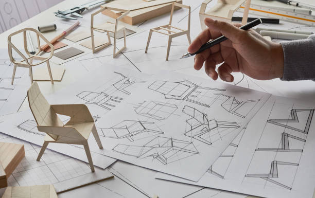 istock Designer sketching drawing design development product plan draft chair armchair Wingback Interior furniture prototype manufacturing production. designer studio concept . 1398071753