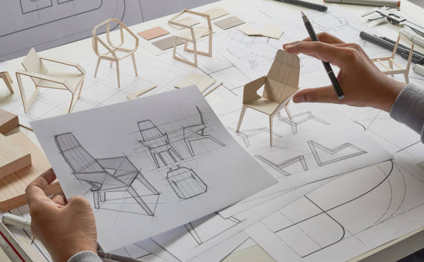 istock Designer sketching drawing design development product plan draft chair armchair Wingback Interior furniture prototype manufacturing production. designer studio concept . 1398071754