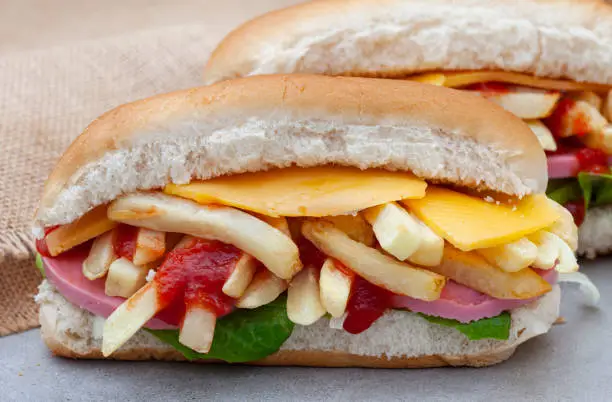 South African submarine sandwich with chips and meat known as a Gatsby Sandwich