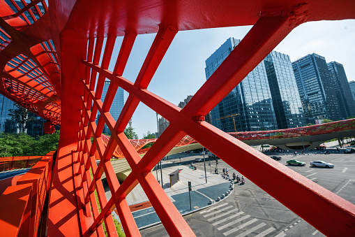 Sunny day Chengdu financial city and modern red bridge