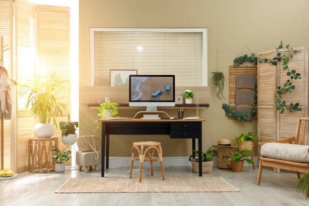 istock Light room interior with comfortable workplace near window 1398075536